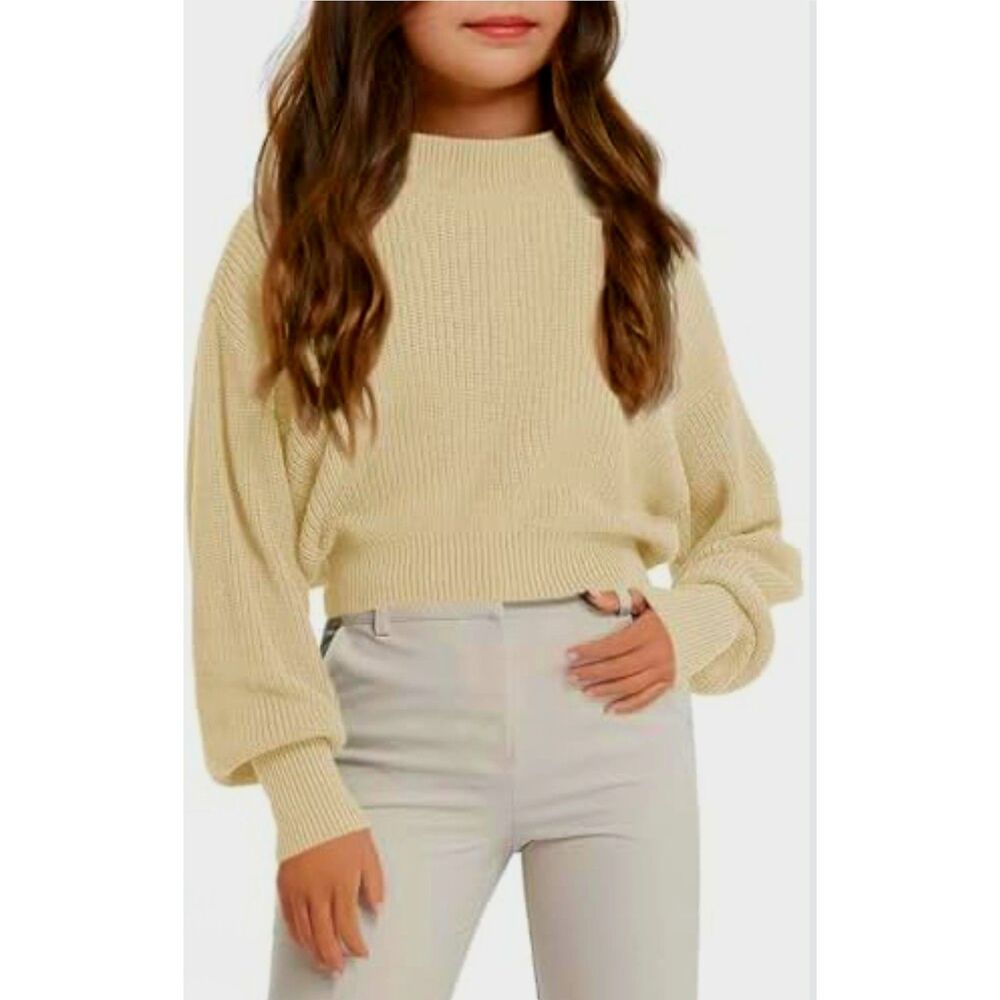 Cream Mock Neck Knit Pullover Sweater Long Sleeve for Girls Size 6-8